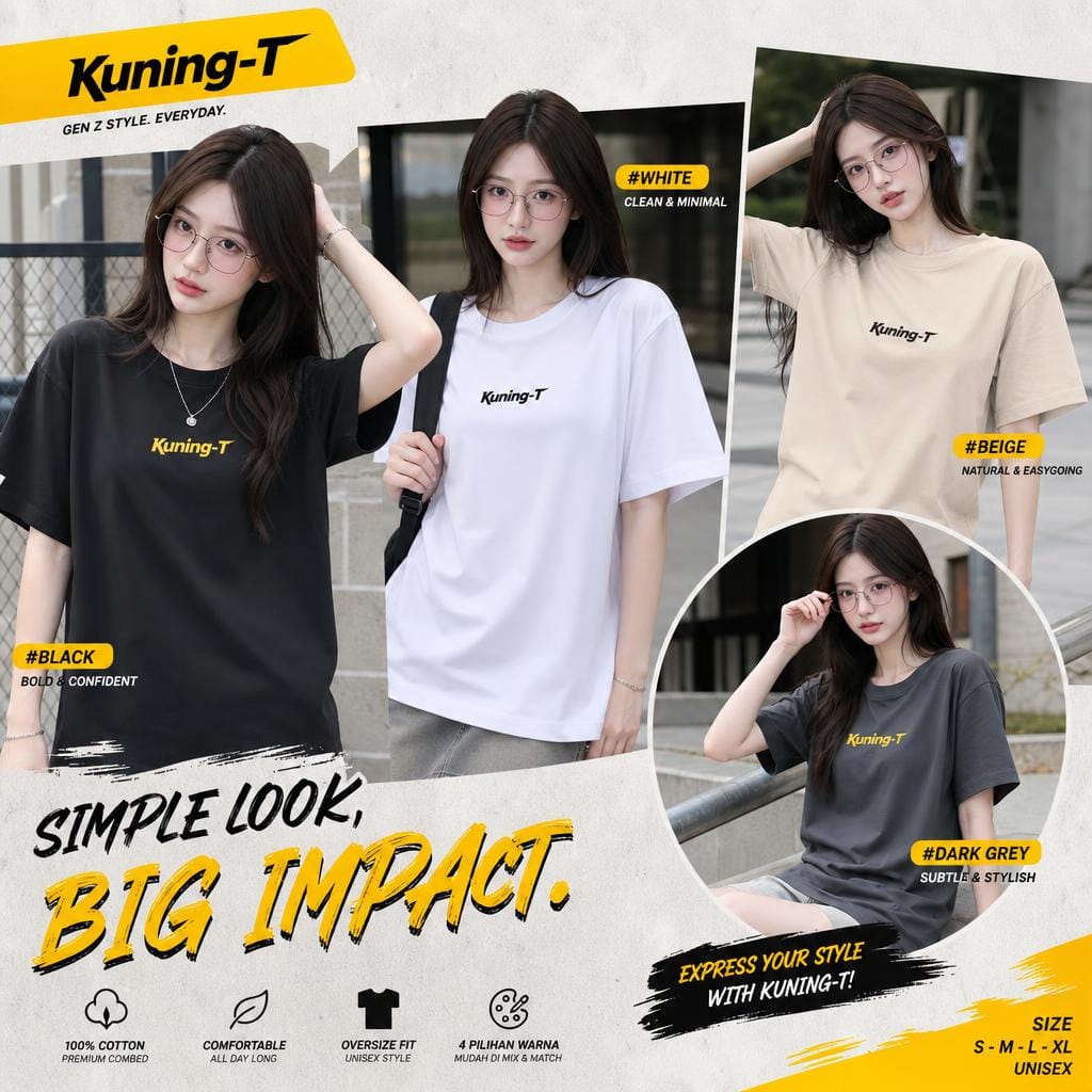 Empat pilihan warna kaos KUNING-T: hitam, putih, beige, dan abu tua