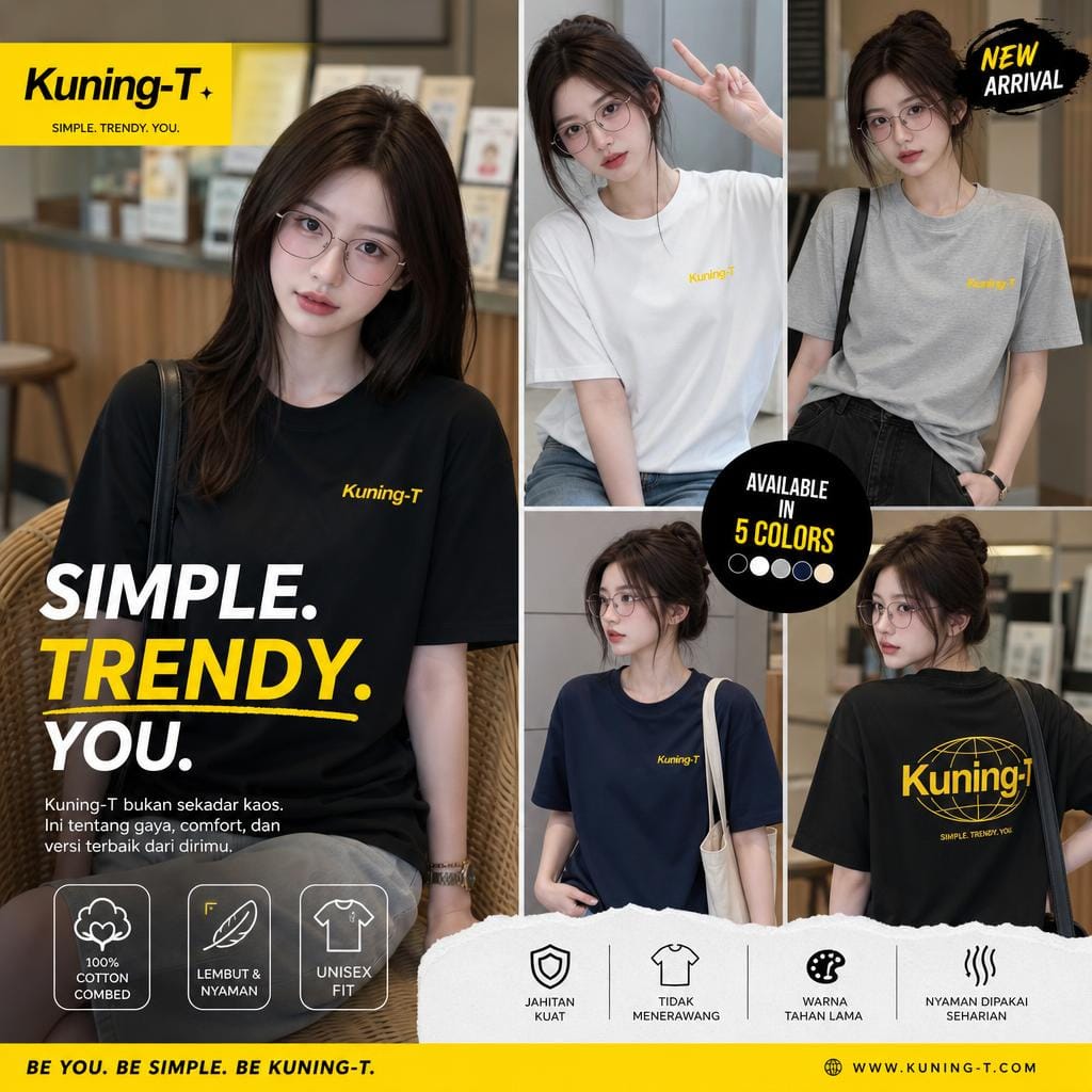 Model memakai kaos KUNING-T warna hitam, putih, abu, dan navy